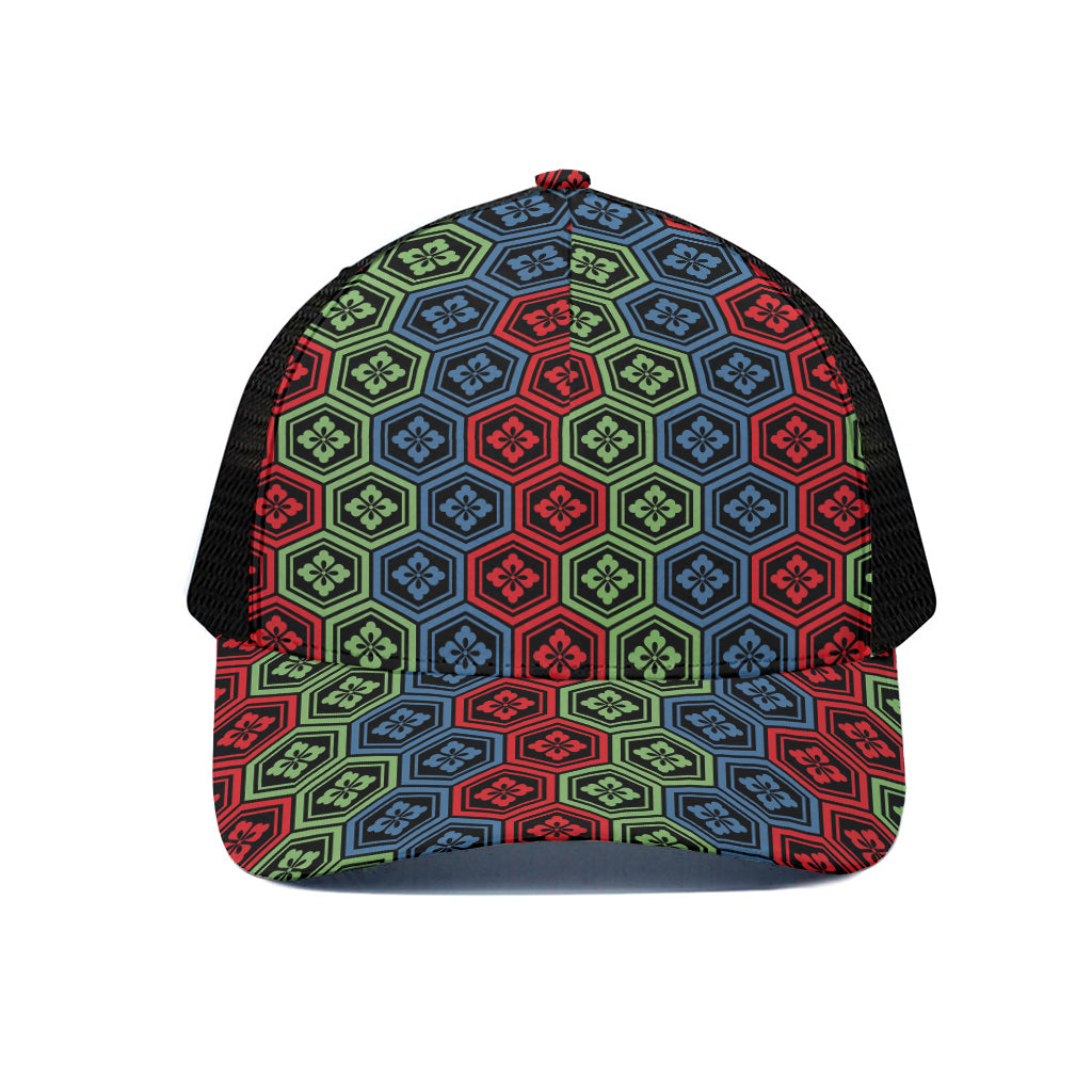 Colorful Japanese Flower Pattern Print Black Mesh Trucker Cap