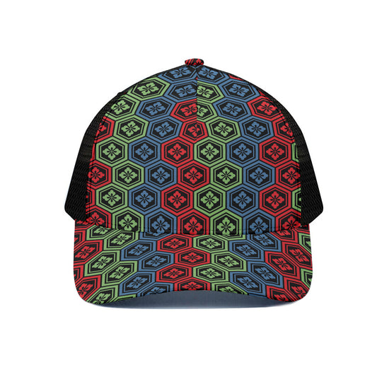 Colorful Japanese Flower Pattern Print Black Mesh Trucker Cap