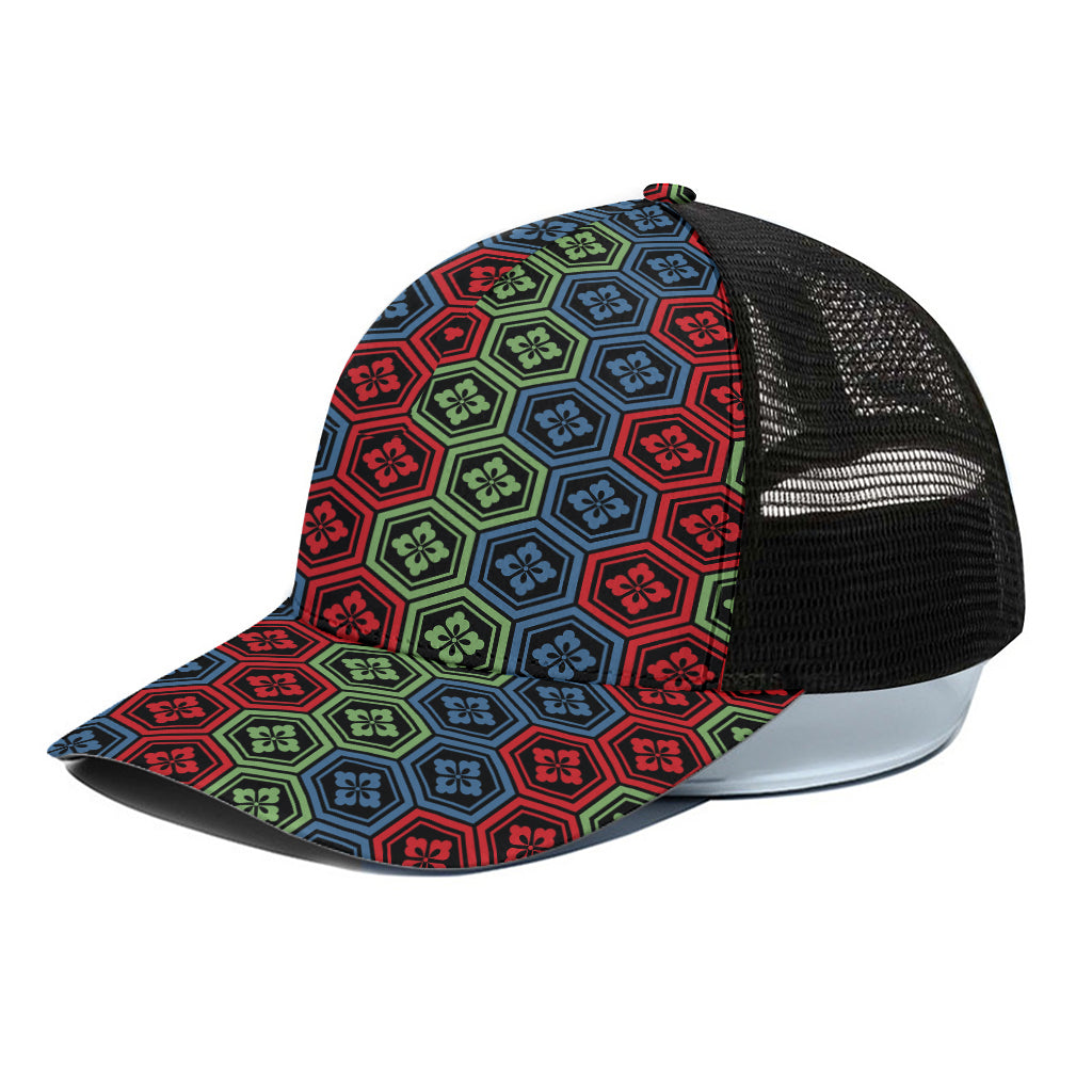 Colorful Japanese Flower Pattern Print Black Mesh Trucker Cap