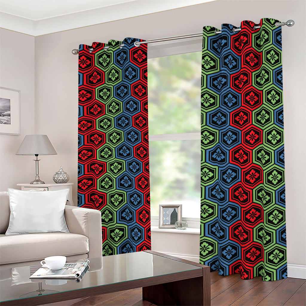 Colorful Japanese Flower Pattern Print Blackout Grommet Curtains