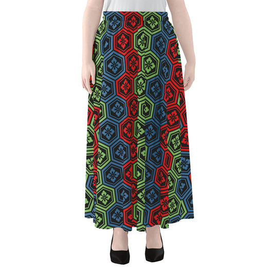 Colorful Japanese Flower Pattern Print Chiffon Maxi Skirt