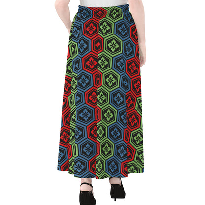Colorful Japanese Flower Pattern Print Chiffon Maxi Skirt