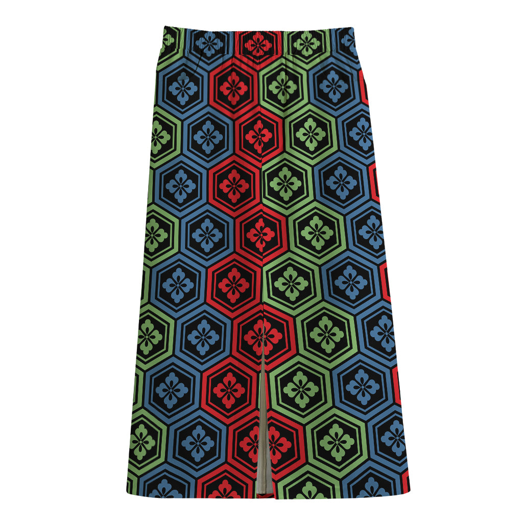 Colorful Japanese Flower Pattern Print Cotton Front Slit Maxi Skirt
