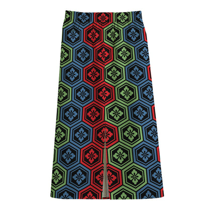 Colorful Japanese Flower Pattern Print Cotton Front Slit Maxi Skirt