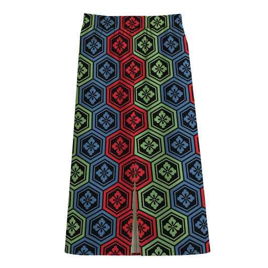 Colorful Japanese Flower Pattern Print Cotton Front Slit Maxi Skirt