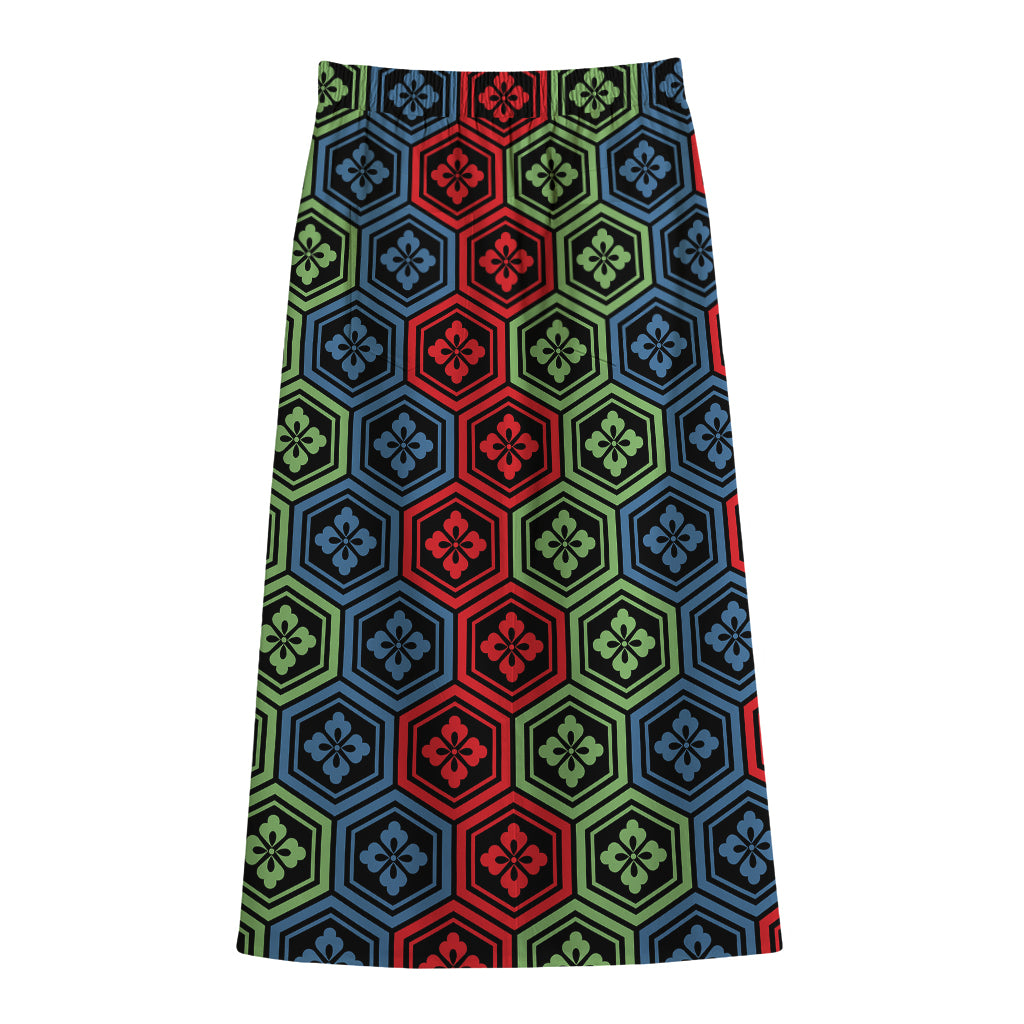Colorful Japanese Flower Pattern Print Cotton Front Slit Maxi Skirt