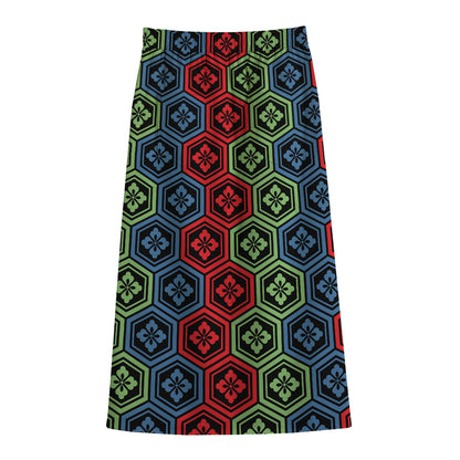 Colorful Japanese Flower Pattern Print Cotton Front Slit Maxi Skirt