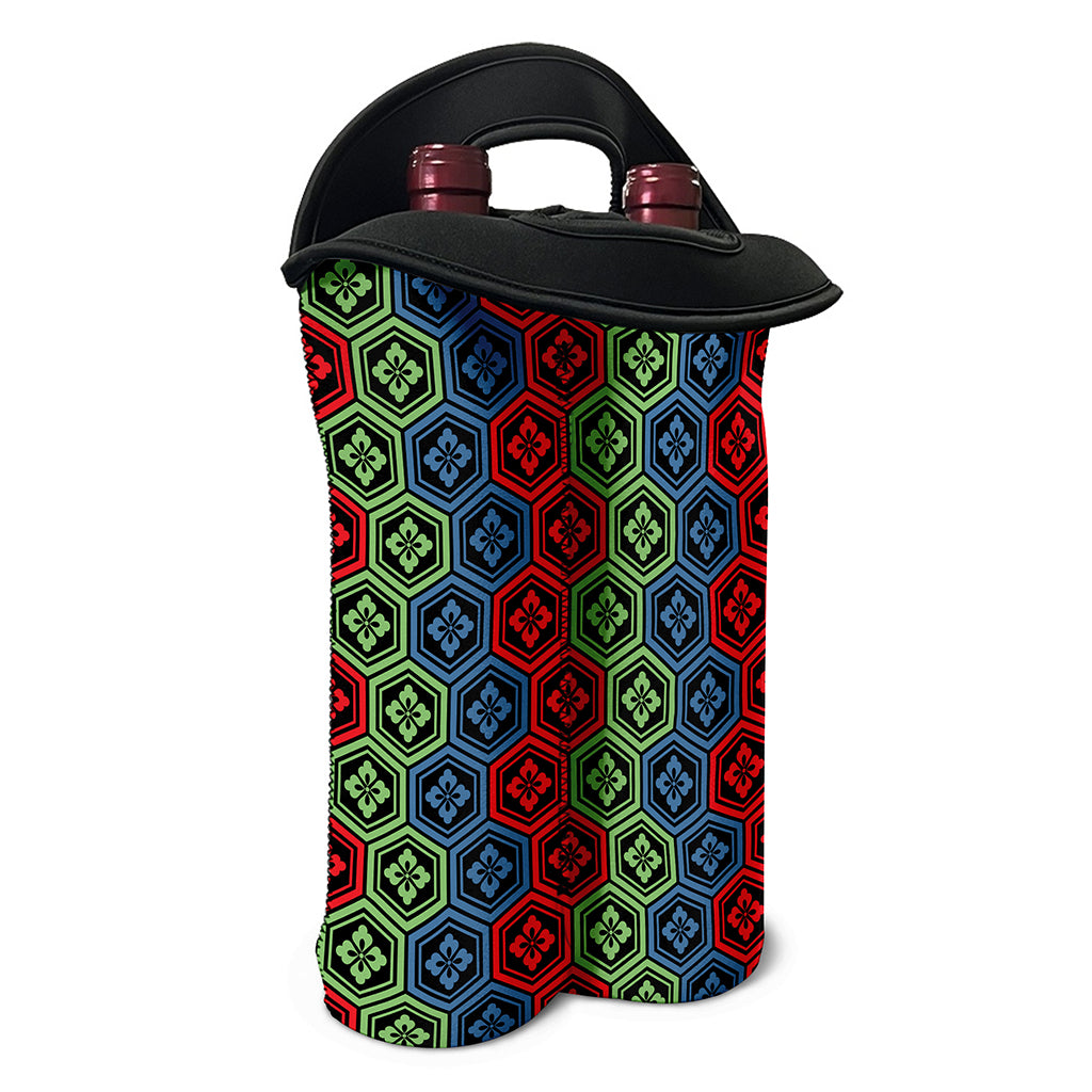 Colorful Japanese Flower Pattern Print Double Neoprene Wine Tote