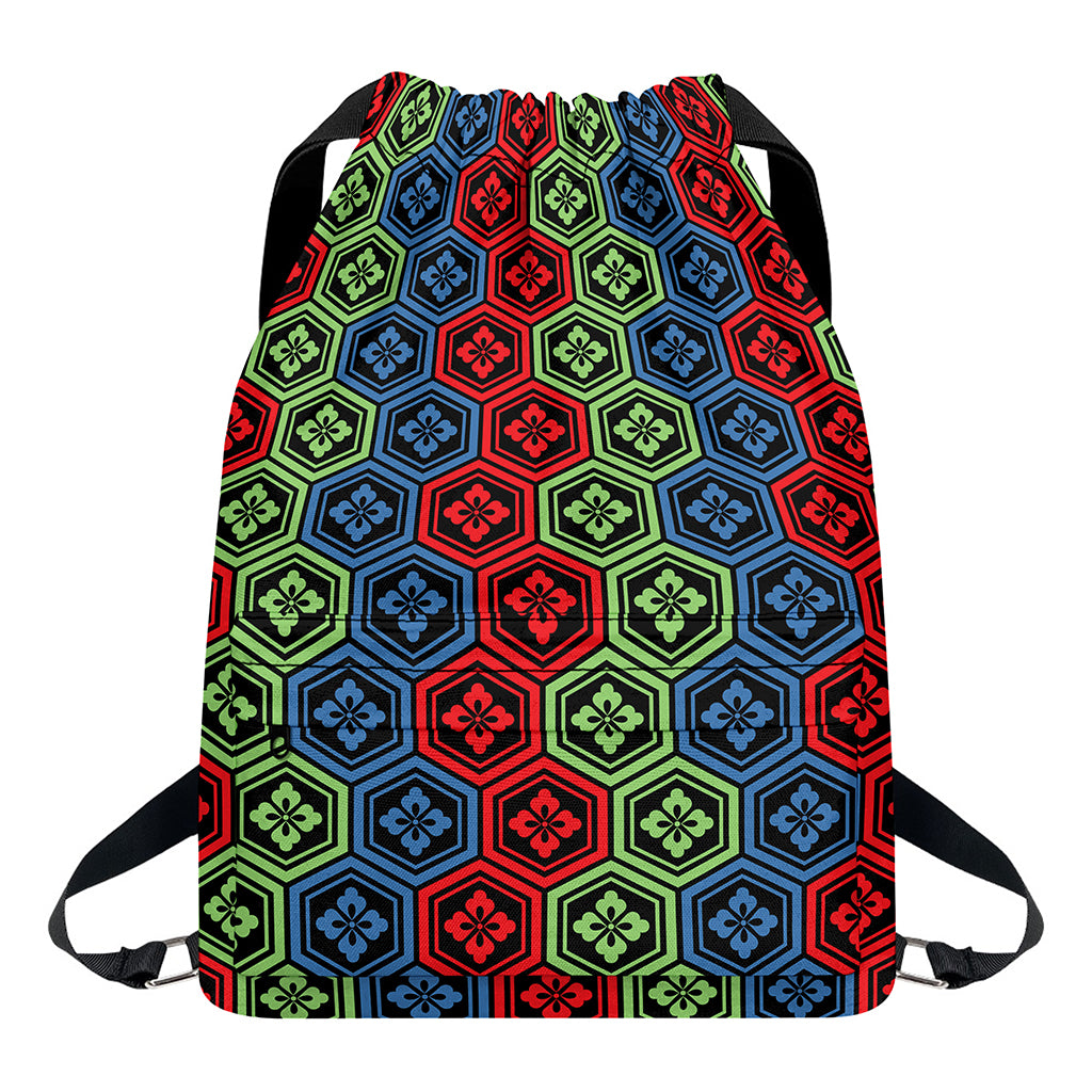 Colorful Japanese Flower Pattern Print Drawstring Backpack