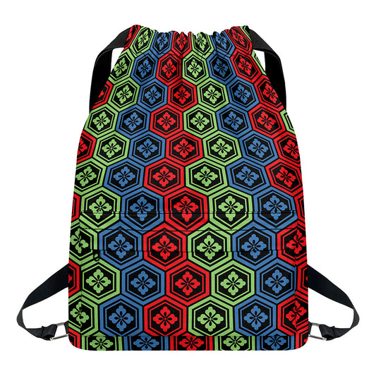 Colorful Japanese Flower Pattern Print Drawstring Backpack