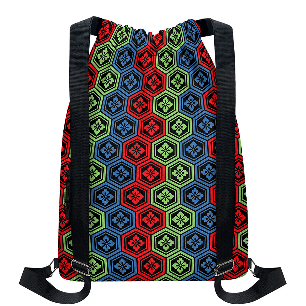 Colorful Japanese Flower Pattern Print Drawstring Backpack