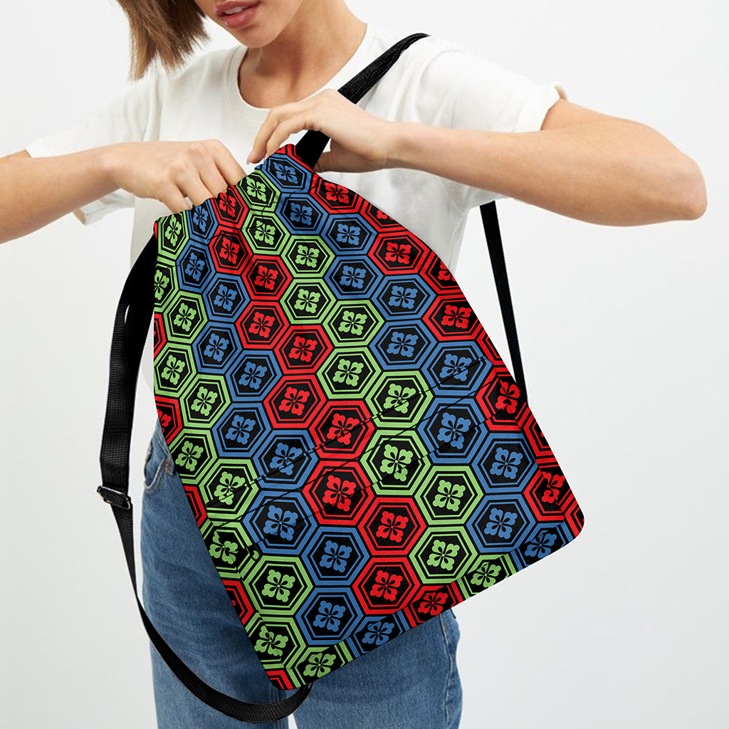 Colorful Japanese Flower Pattern Print Drawstring Backpack