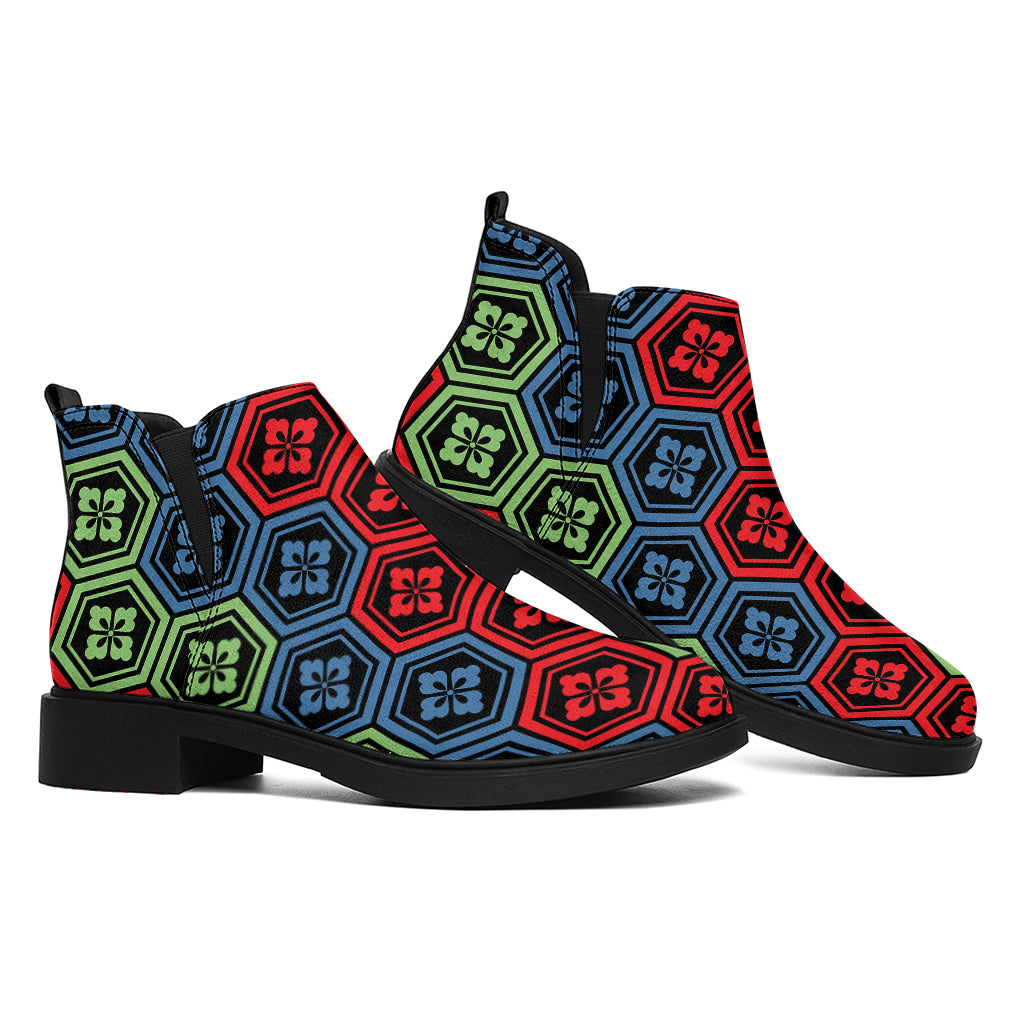 Colorful Japanese Flower Pattern Print Flat Ankle Boots