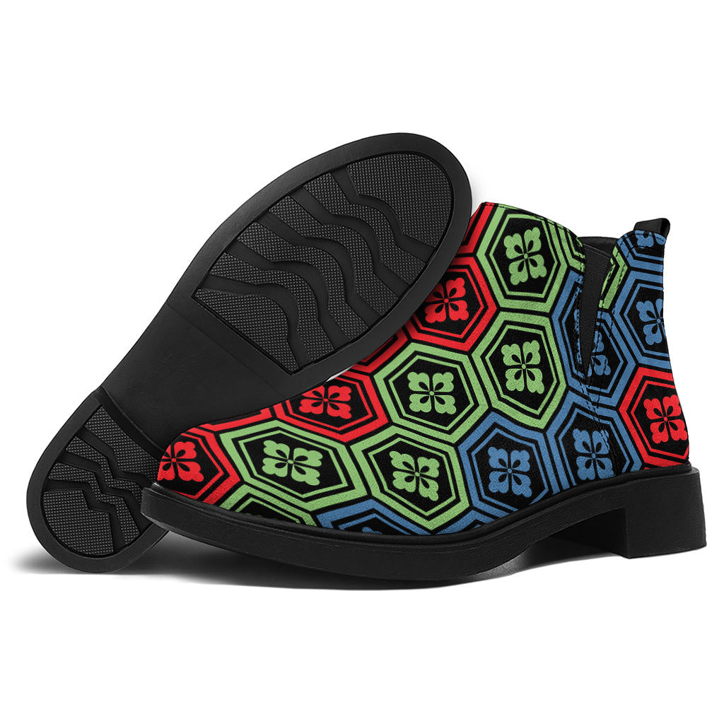 Colorful Japanese Flower Pattern Print Flat Ankle Boots