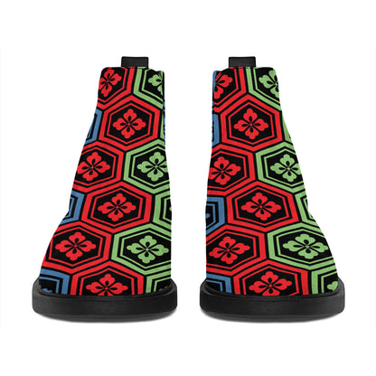 Colorful Japanese Flower Pattern Print Flat Ankle Boots
