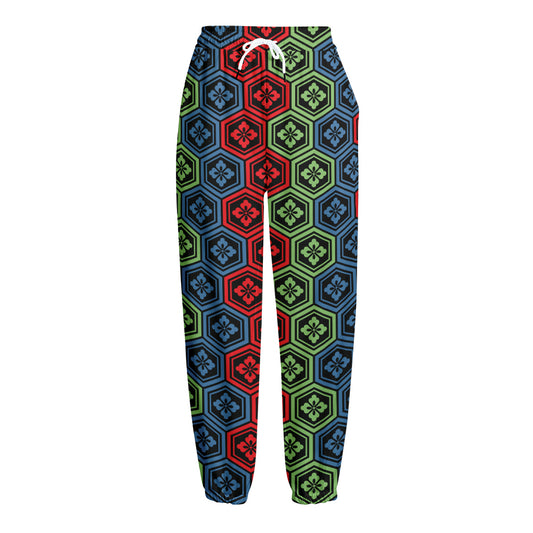 Colorful Japanese Flower Pattern Print Fleece Lined Knit Pants