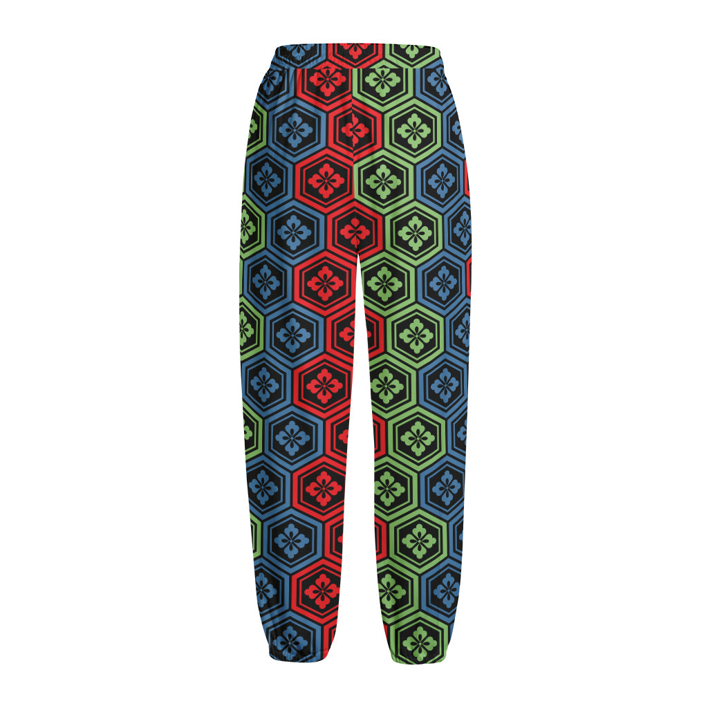 Colorful Japanese Flower Pattern Print Fleece Lined Knit Pants