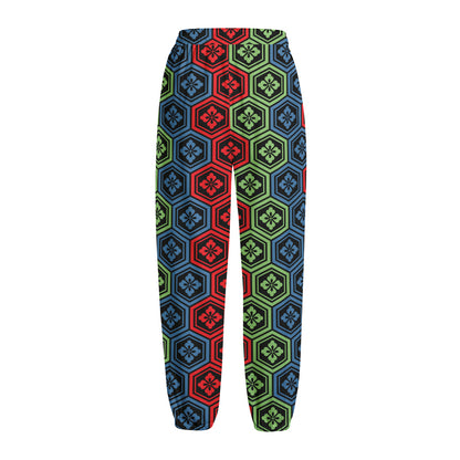 Colorful Japanese Flower Pattern Print Fleece Lined Knit Pants