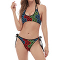 Colorful Japanese Flower Pattern Print Halter Scoop Tie Side Bikini