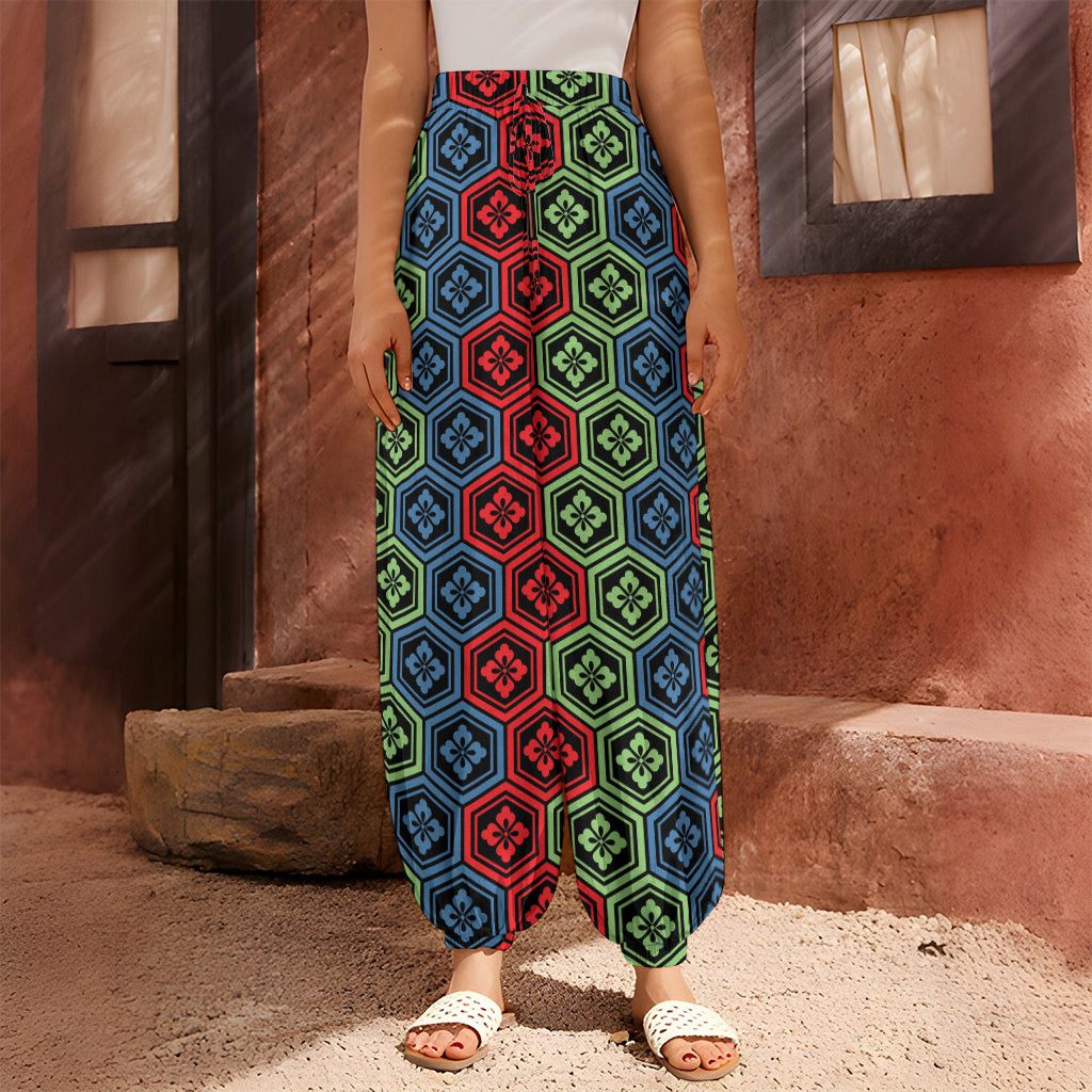 Colorful Japanese Flower Pattern Print Harem Pants