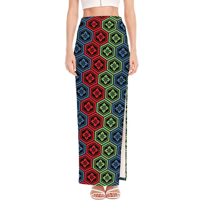 Colorful Japanese Flower Pattern Print High Slit Maxi Skirt