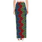 Colorful Japanese Flower Pattern Print High Slit Maxi Skirt