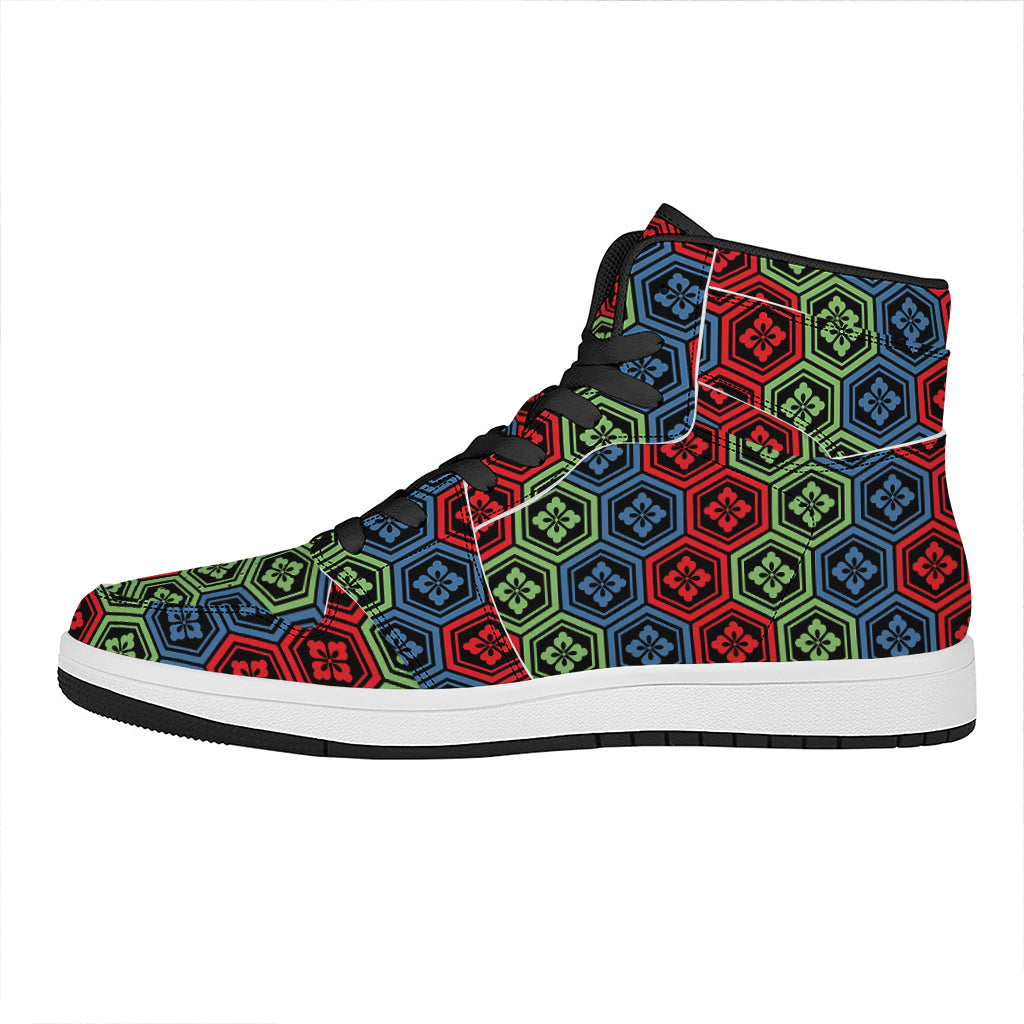 Colorful Japanese Flower Pattern Print High Top Leather Sneakers
