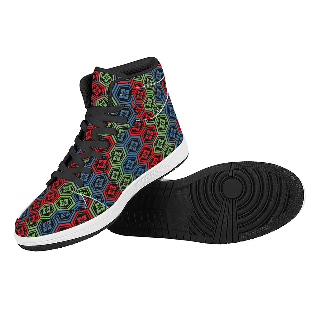 Colorful Japanese Flower Pattern Print High Top Leather Sneakers