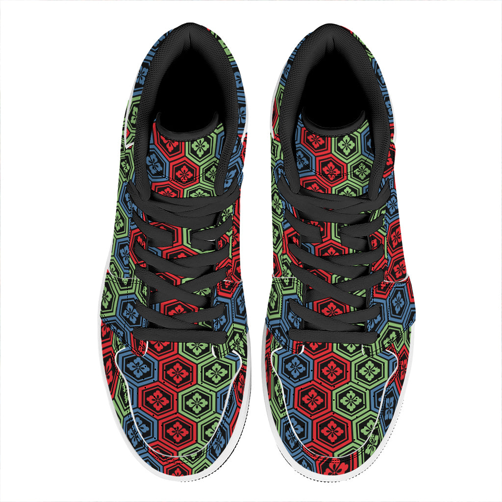 Colorful Japanese Flower Pattern Print High Top Leather Sneakers