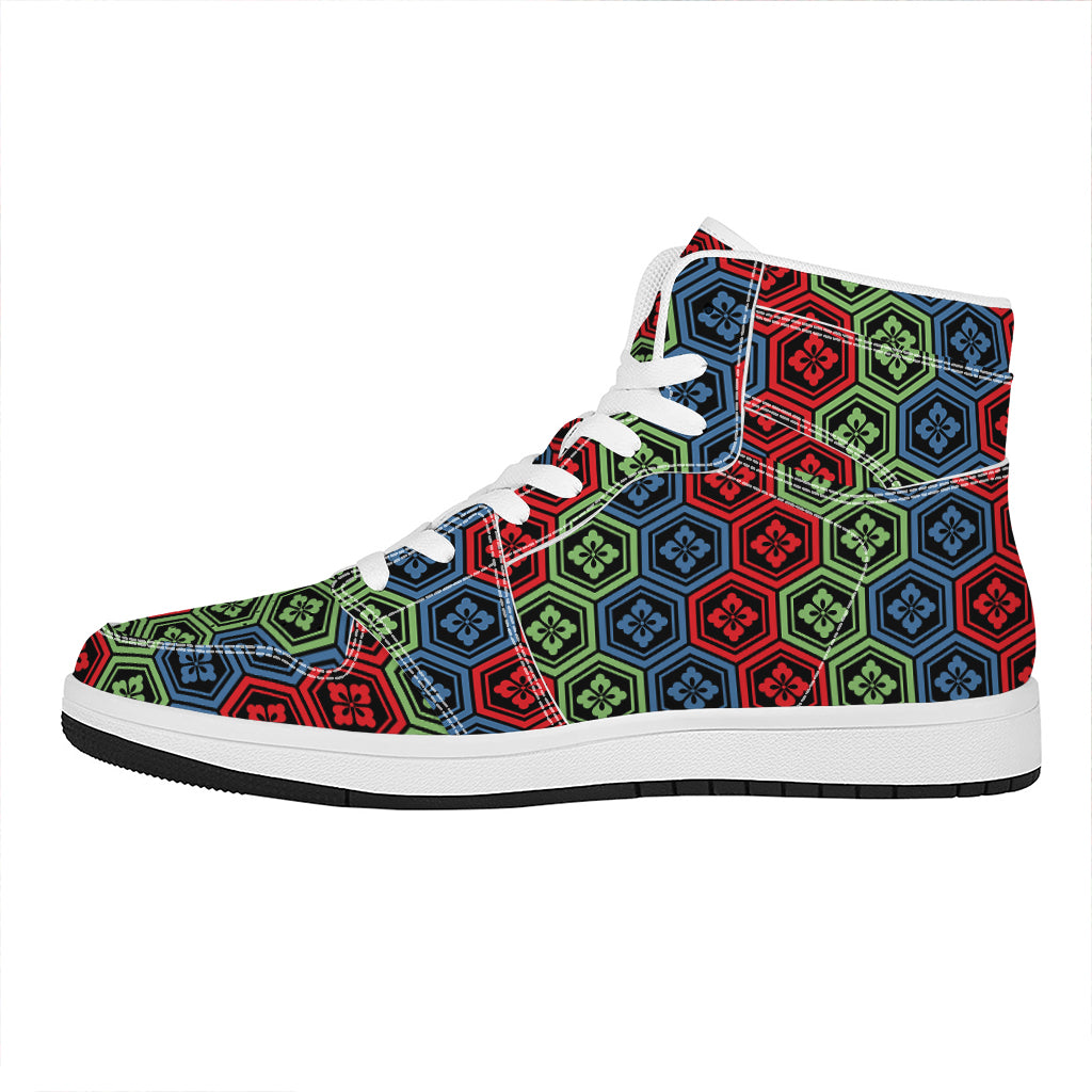 Colorful Japanese Flower Pattern Print High Top Leather Sneakers