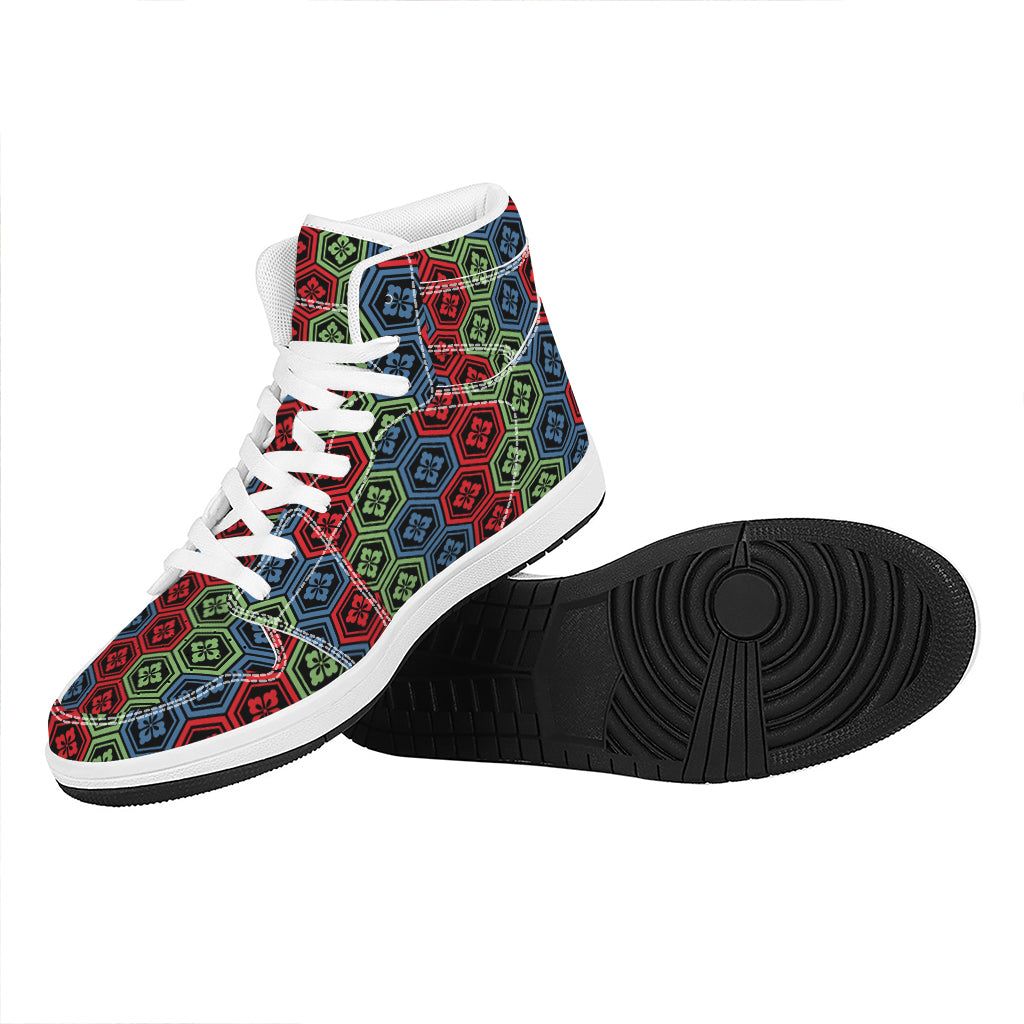 Colorful Japanese Flower Pattern Print High Top Leather Sneakers
