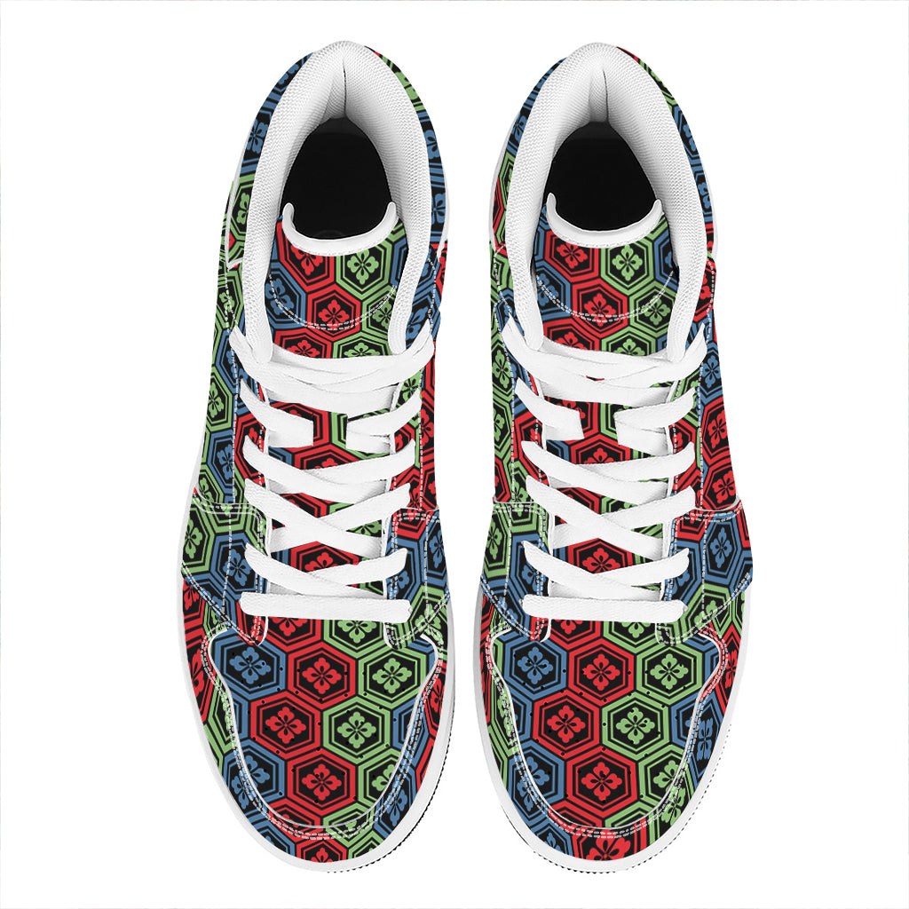 Colorful Japanese Flower Pattern Print High Top Leather Sneakers