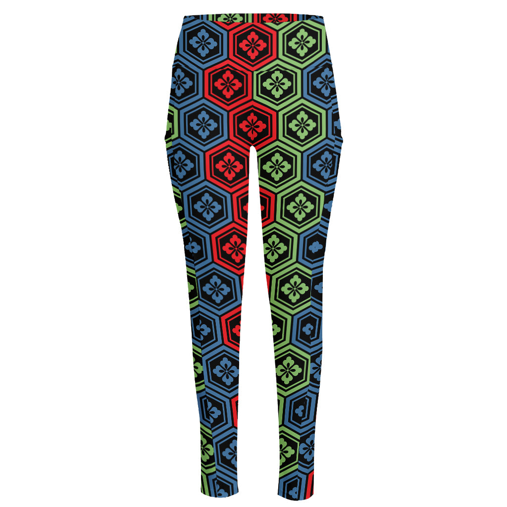 Colorful Japanese Flower Pattern Print High-Waisted Pocket Leggings