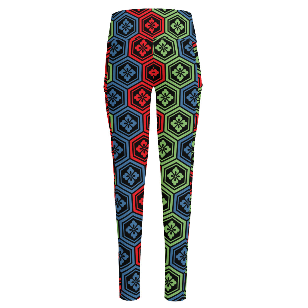 Colorful Japanese Flower Pattern Print High-Waisted Pocket Leggings