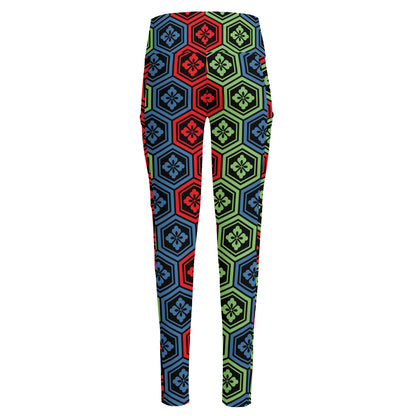 Colorful Japanese Flower Pattern Print High-Waisted Pocket Leggings