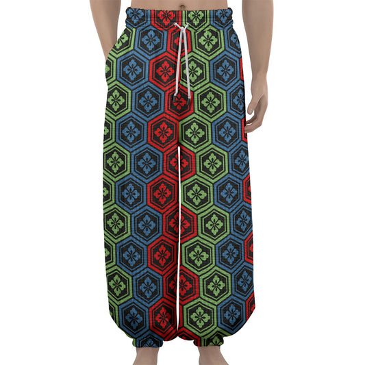 Colorful Japanese Flower Pattern Print Lantern Pants