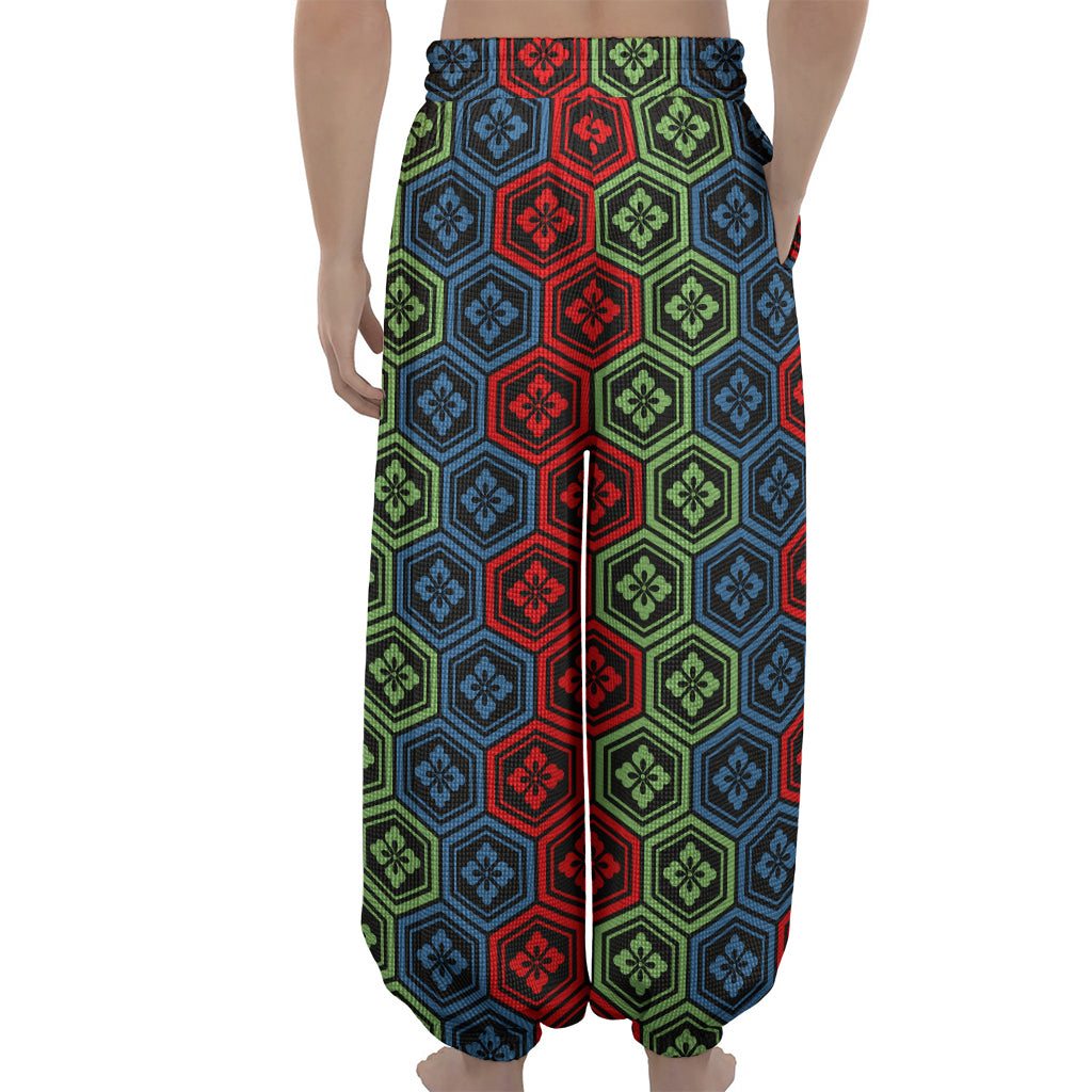 Colorful Japanese Flower Pattern Print Lantern Pants