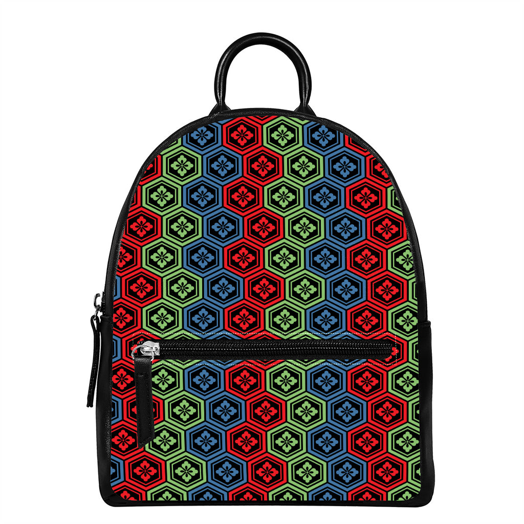 Colorful Japanese Flower Pattern Print Leather Backpack
