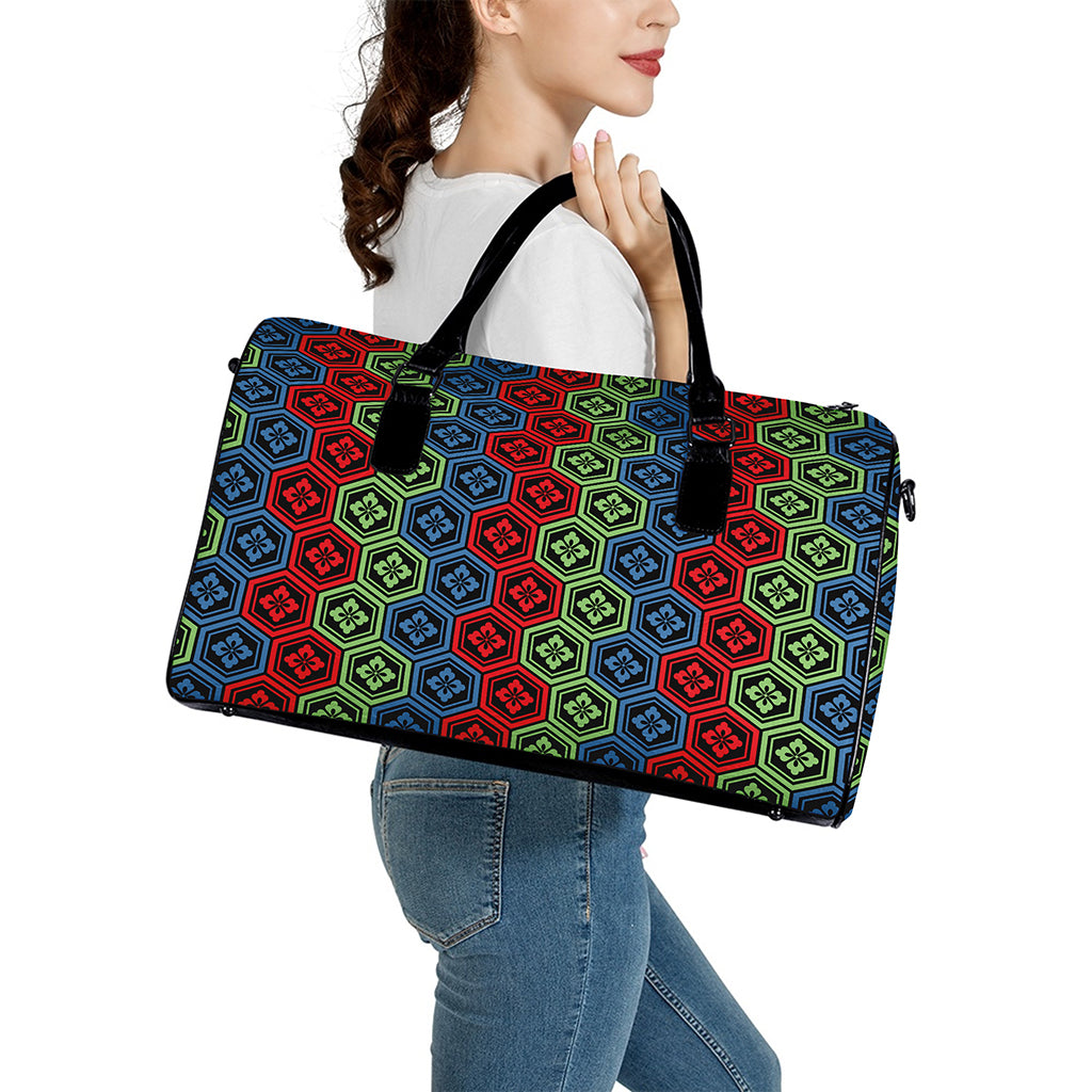Colorful Japanese Flower Pattern Print Leather Duffle Bag