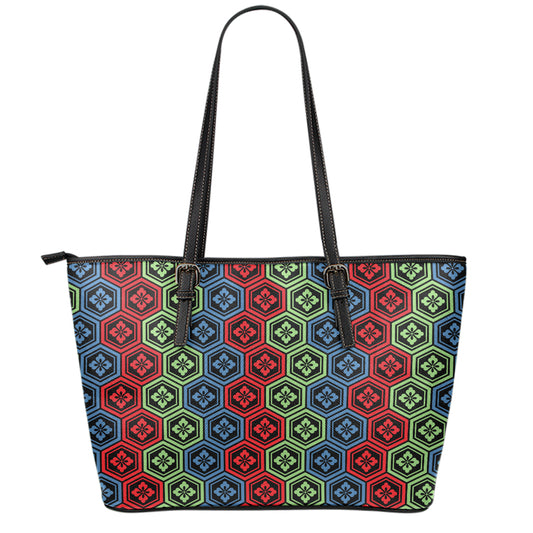 Colorful Japanese Flower Pattern Print Leather Tote Bag