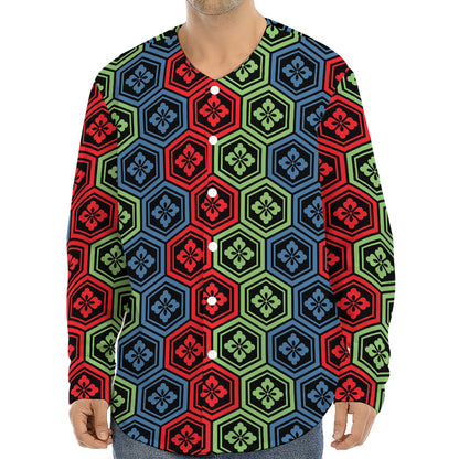 Colorful Japanese Flower Pattern Print Long Sleeve Baseball Jersey