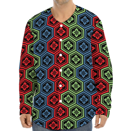 Colorful Japanese Flower Pattern Print Long Sleeve Baseball Jersey