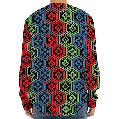 Colorful Japanese Flower Pattern Print Long Sleeve Baseball Jersey