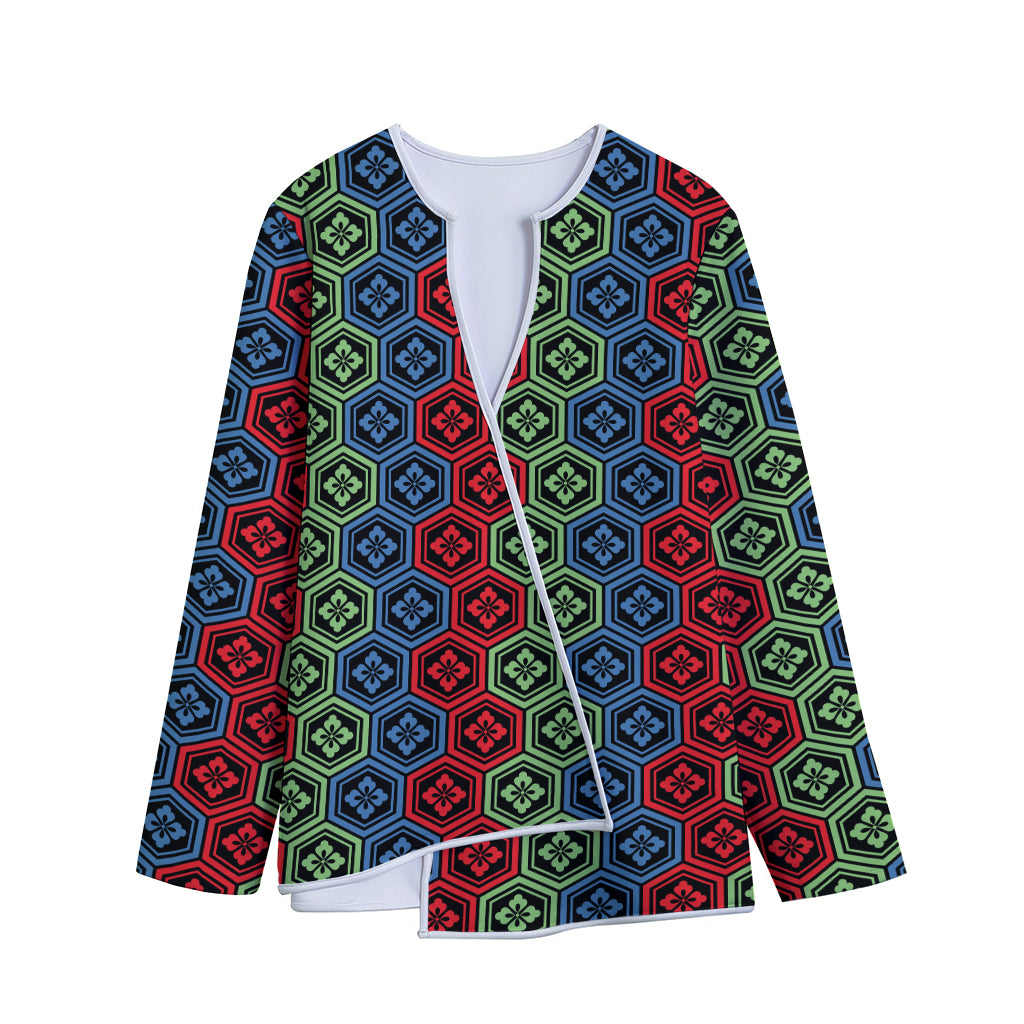 Colorful Japanese Flower Pattern Print Long Sleeve Short Coat