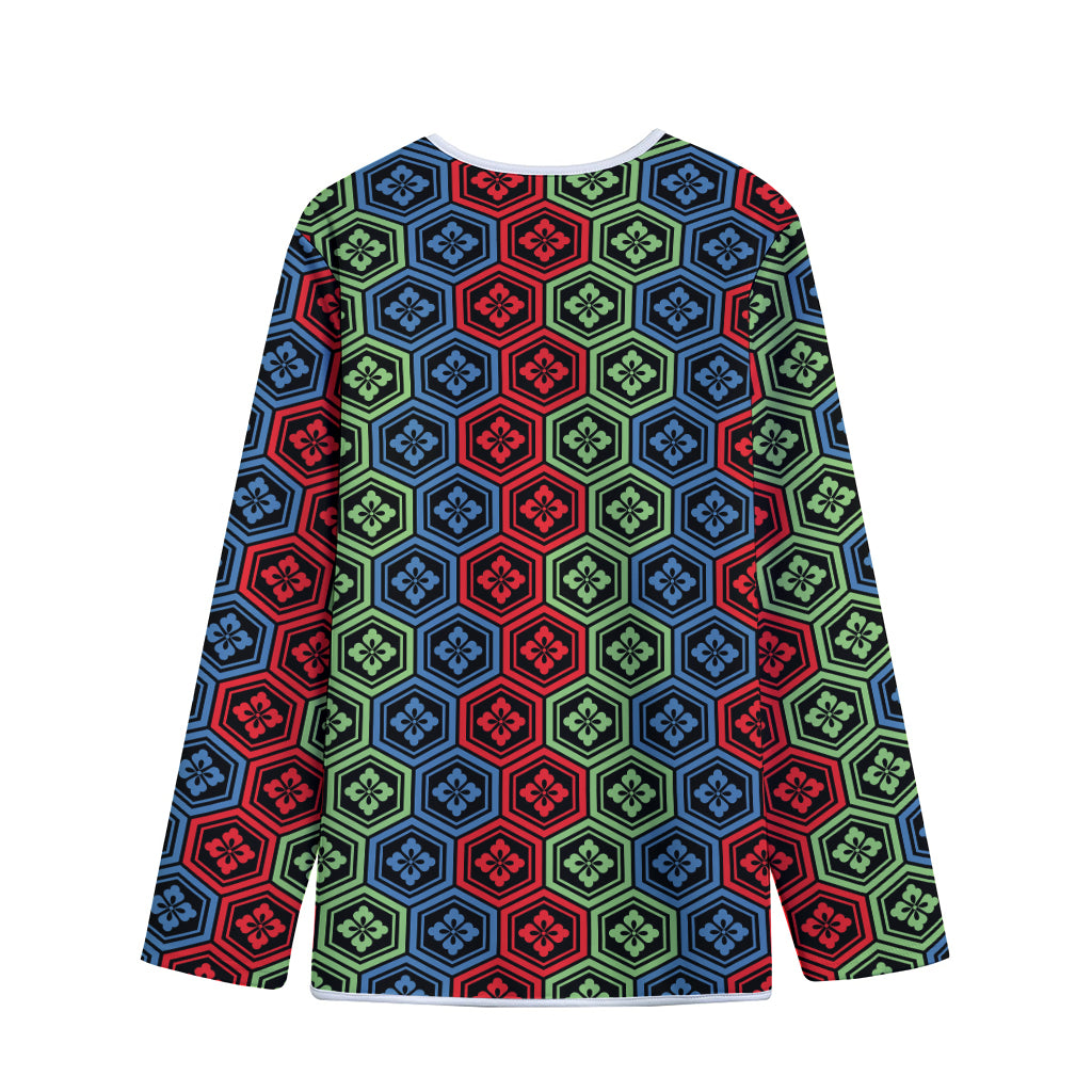 Colorful Japanese Flower Pattern Print Long Sleeve Short Coat