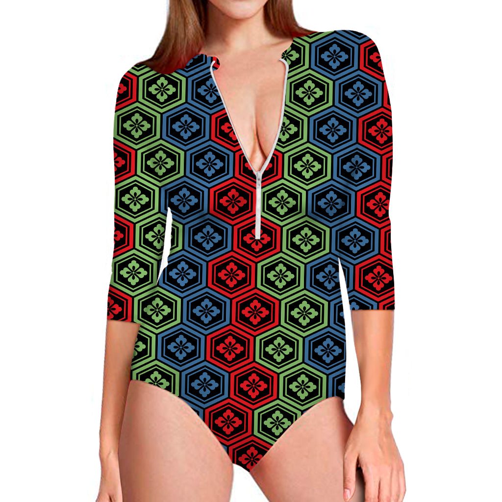 Colorful Japanese Flower Pattern Print Long Sleeve Swimsuit