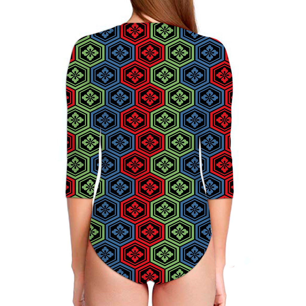 Colorful Japanese Flower Pattern Print Long Sleeve Swimsuit