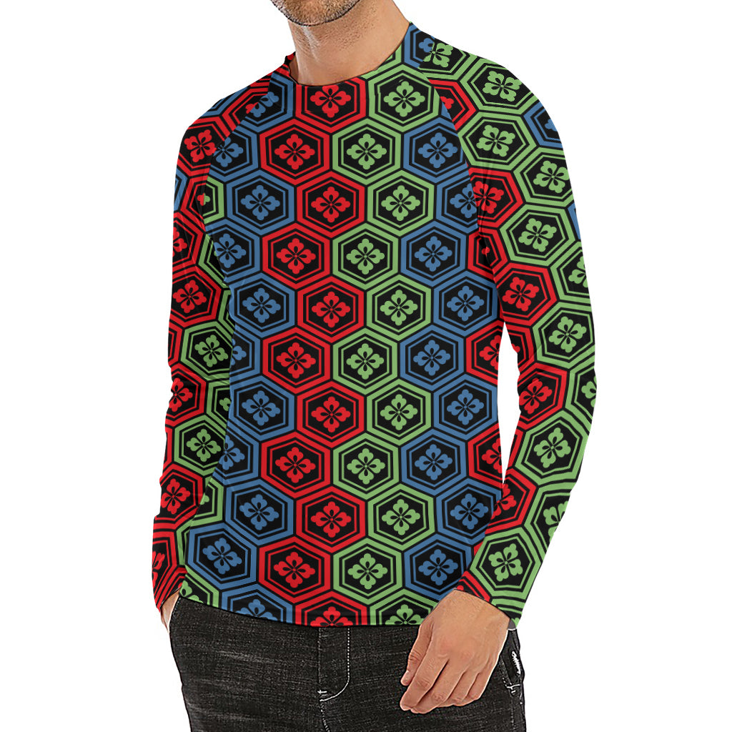 Colorful Japanese Flower Pattern Print Men's Long Sleeve Rash Guard