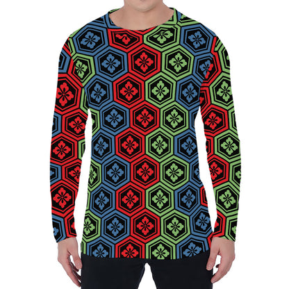 Colorful Japanese Flower Pattern Print Men's Long Sleeve T-Shirt