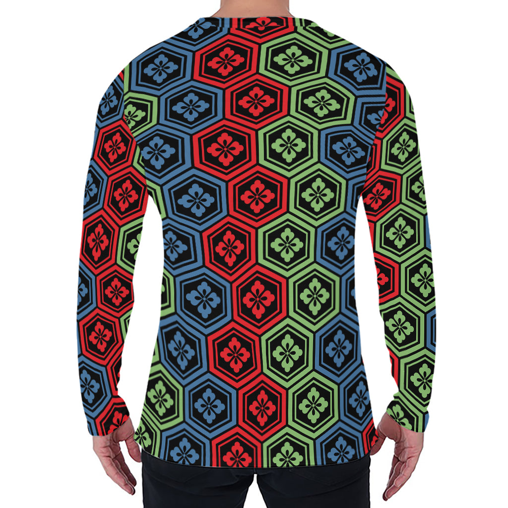 Colorful Japanese Flower Pattern Print Men's Long Sleeve T-Shirt
